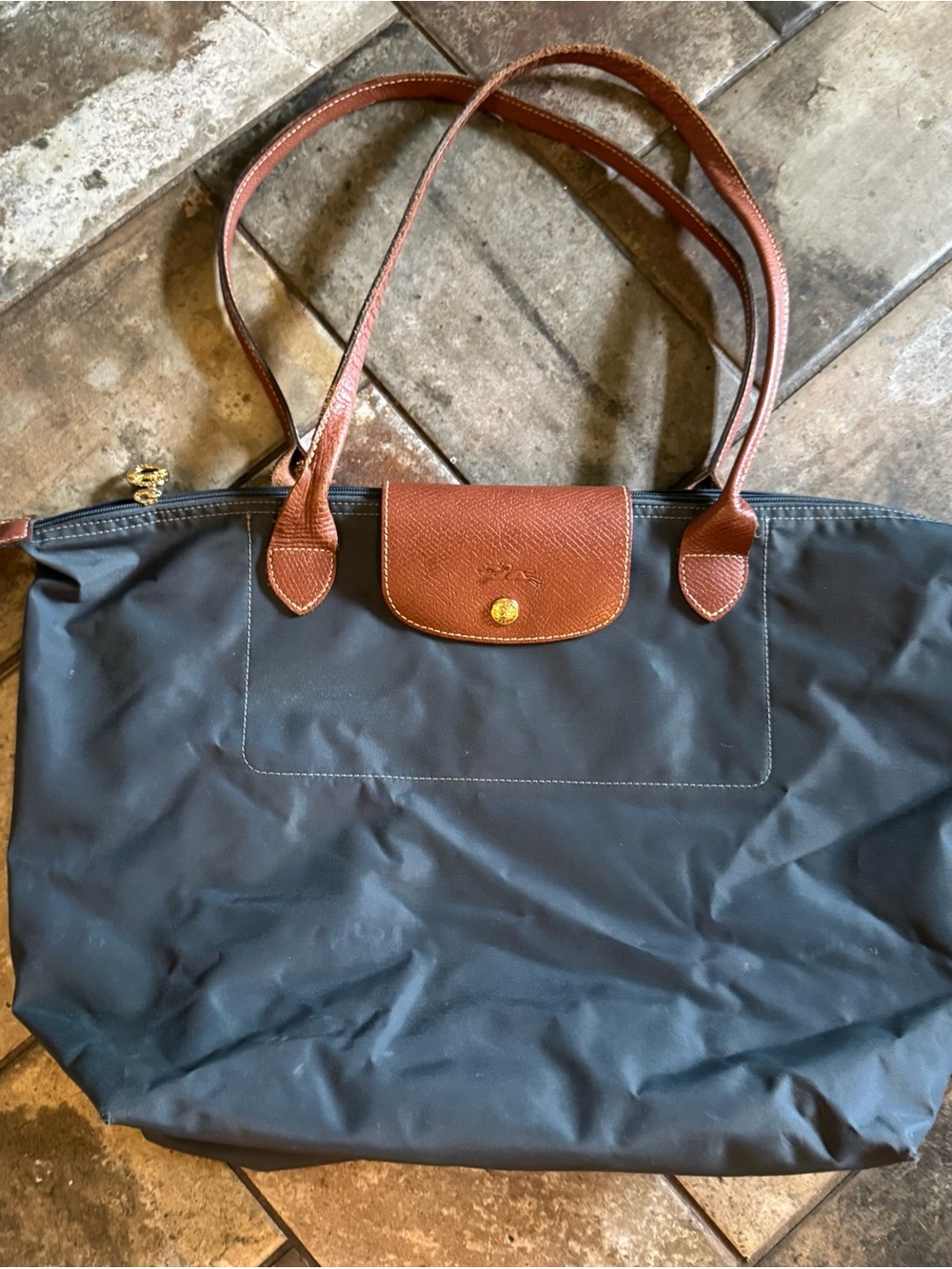 Longchamp Large Le Pliage Shoulder Tote Bag Steel Gray Brown Leather